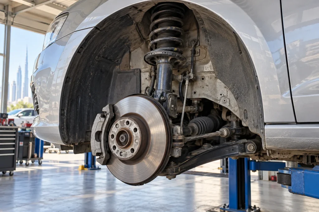 Front strut, spring and lower control arm of a Volkswagen Vento with the wheel removed
