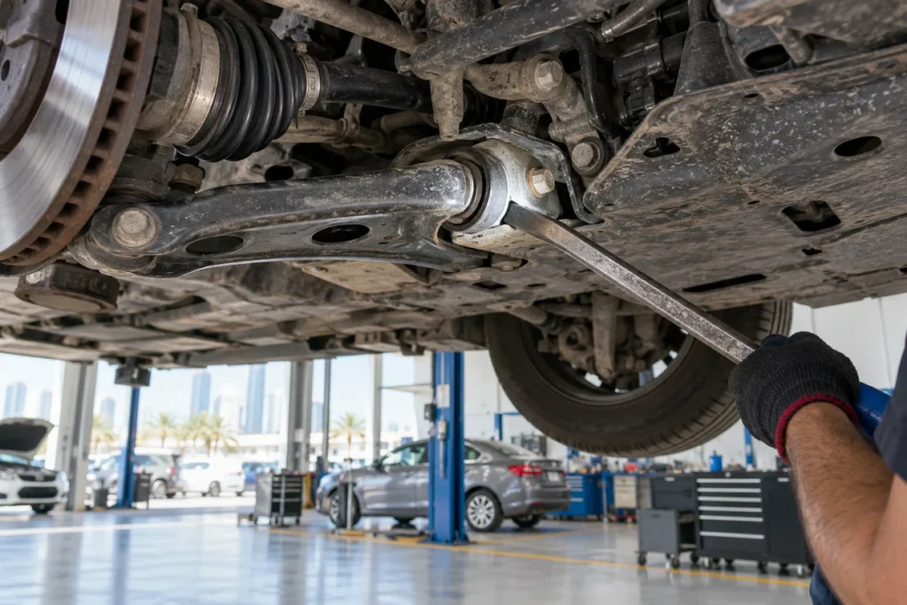 Technician checking a Volkswagen Vento front control arm bush with a pry bar on a lift