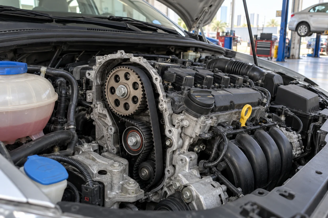 Timing belt cover removed on a Volkswagen Vento 1.6 petrol engine in the workshop