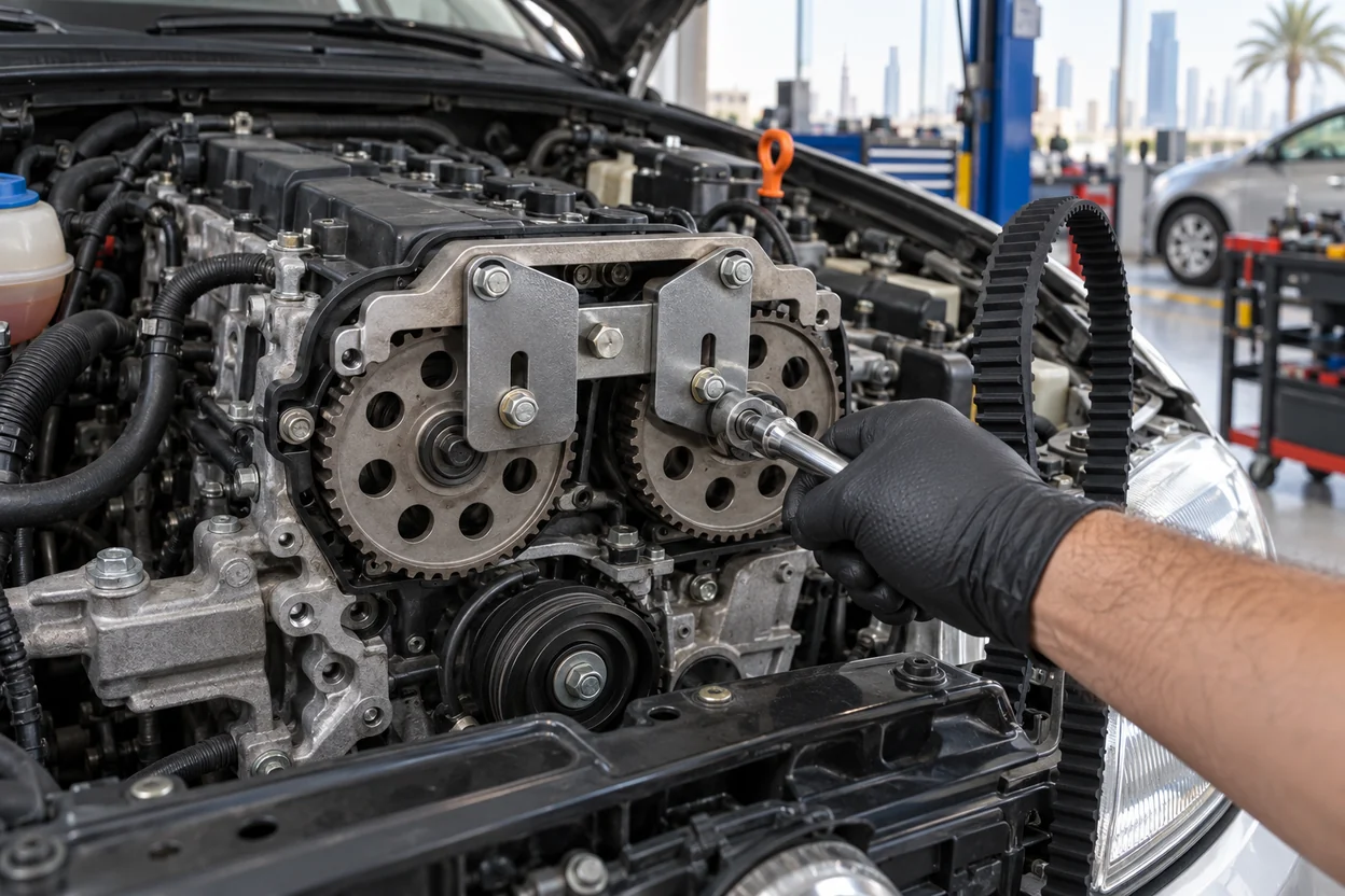 Camshaft locking tool fitted to a Volkswagen Vento 1.6 engine during a timing belt change