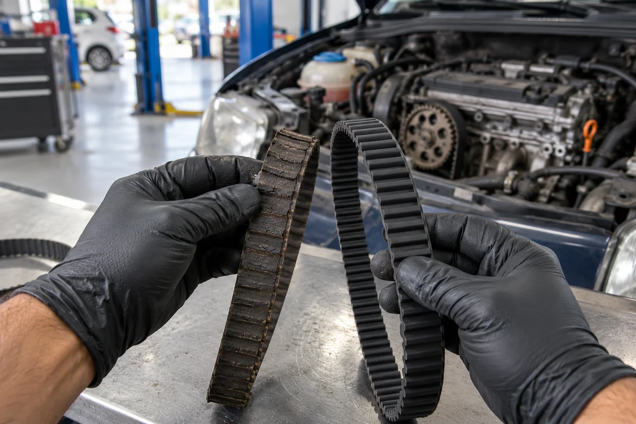 Old cracked timing belt from a Volkswagen Vento held next to a new belt
