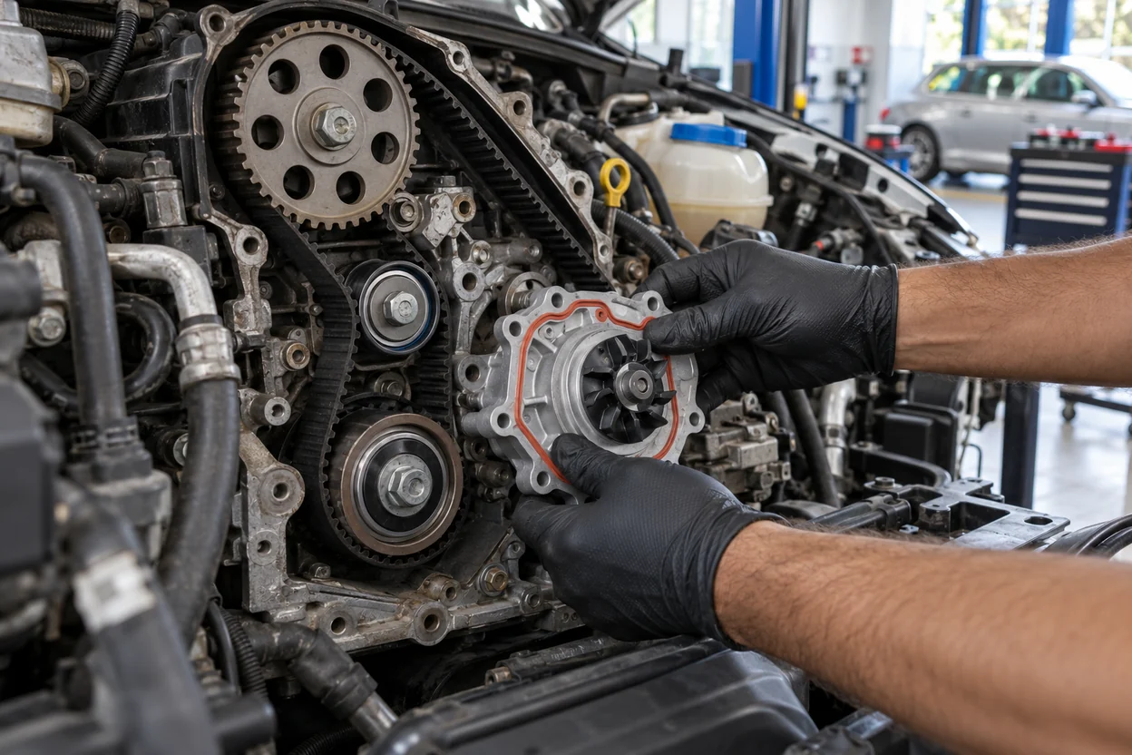 New water pump being fitted behind the timing belt on a Volkswagen Vento TDI