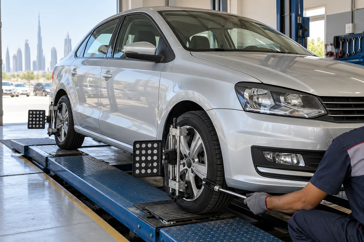 Volkswagen Vento on an alignment ramp with clamps fitted to the wheels